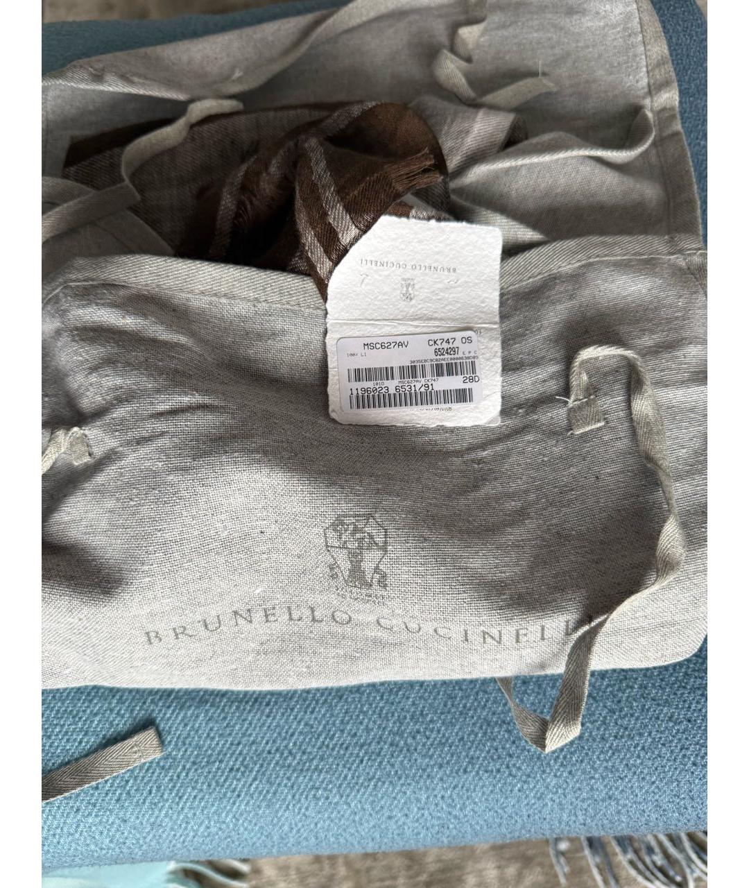 BRUNELLO CUCINELLI Коричневый льняной шарф, фото 5