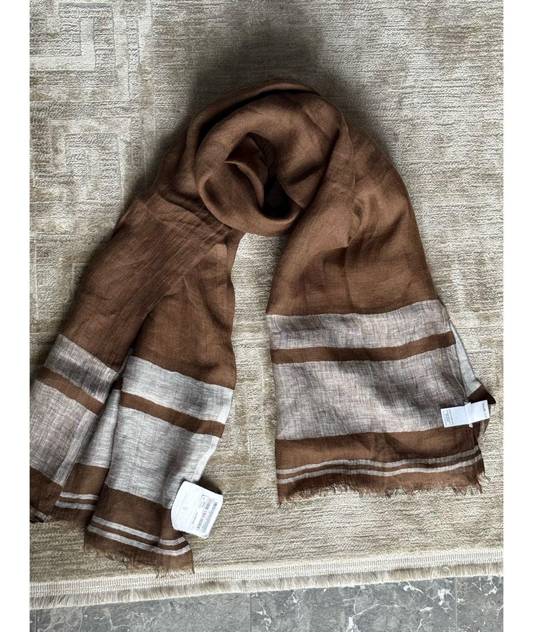 BRUNELLO CUCINELLI Коричневый льняной шарф, фото 7