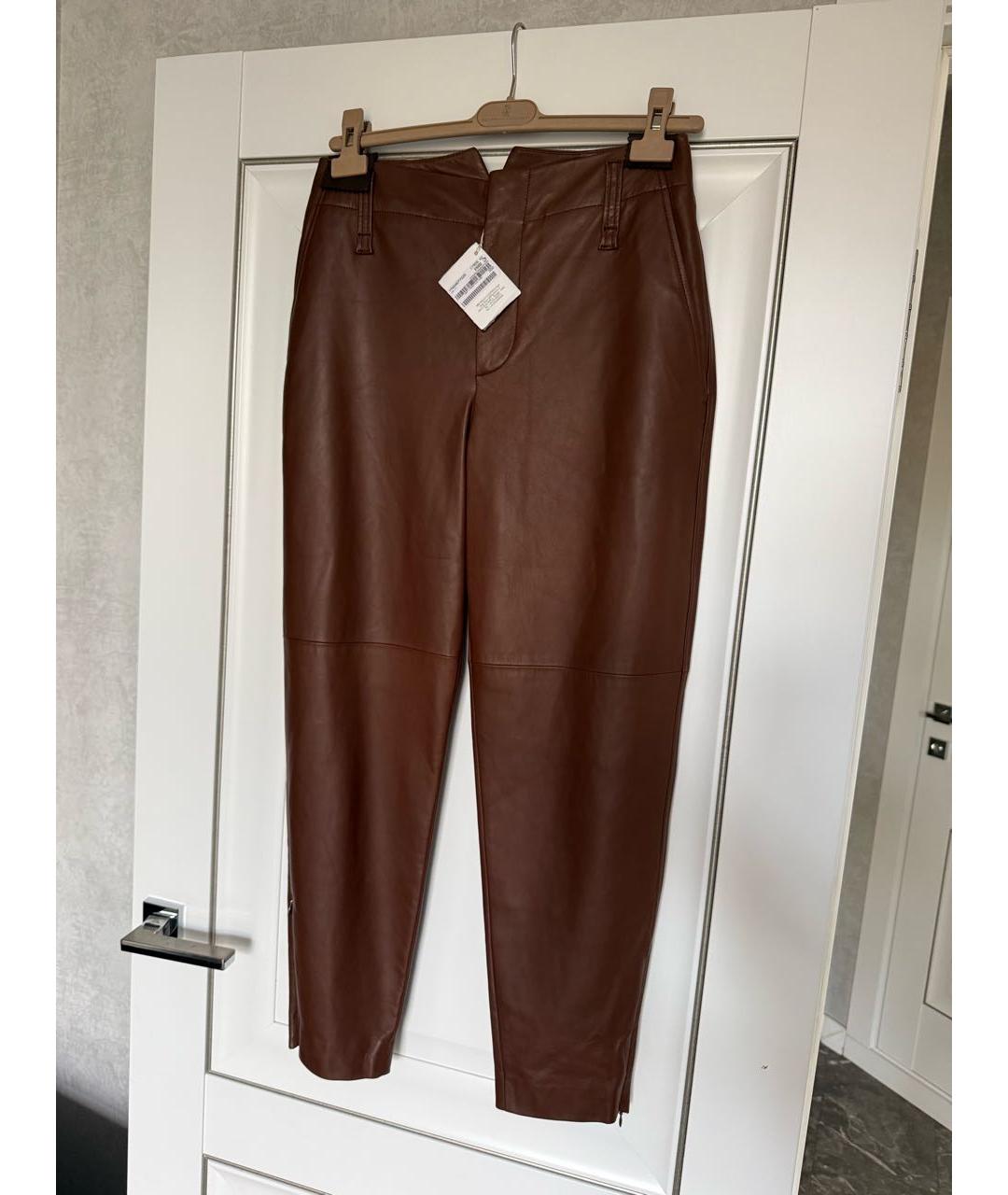 BRUNELLO CUCINELLI Коричневые кожаные прямые брюки, фото 2