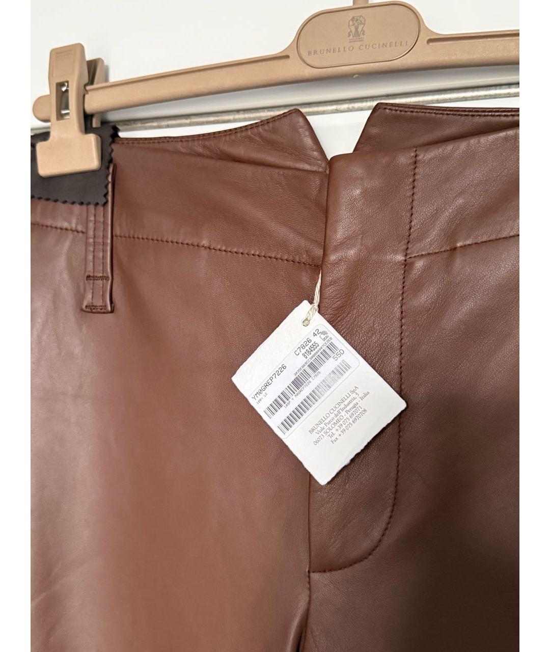 BRUNELLO CUCINELLI Коричневые кожаные прямые брюки, фото 6