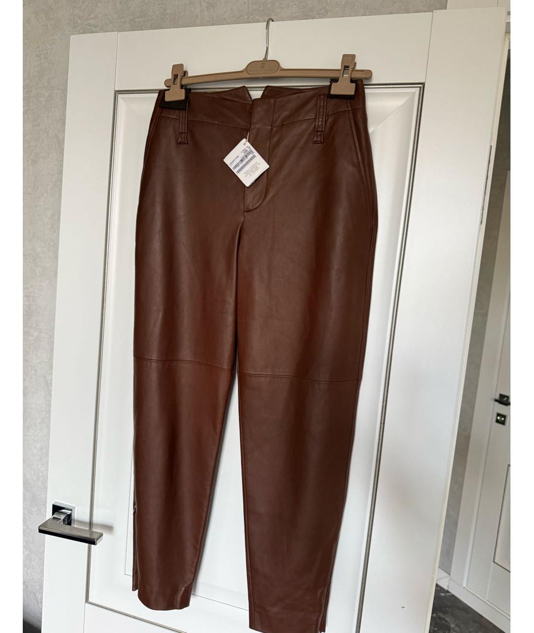 BRUNELLO CUCINELLI Коричневые кожаные прямые брюки, фото 7