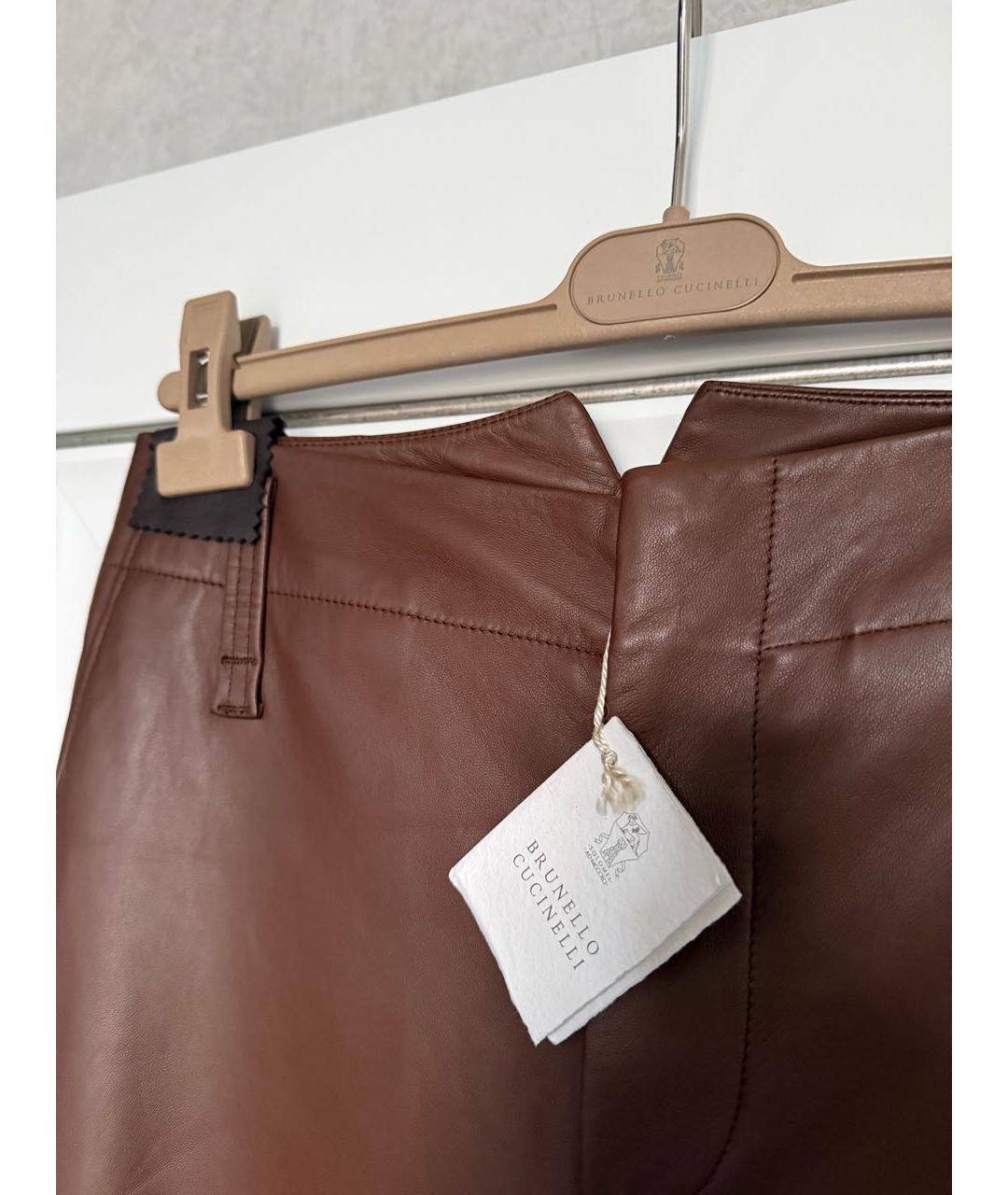 BRUNELLO CUCINELLI Коричневые кожаные прямые брюки, фото 3
