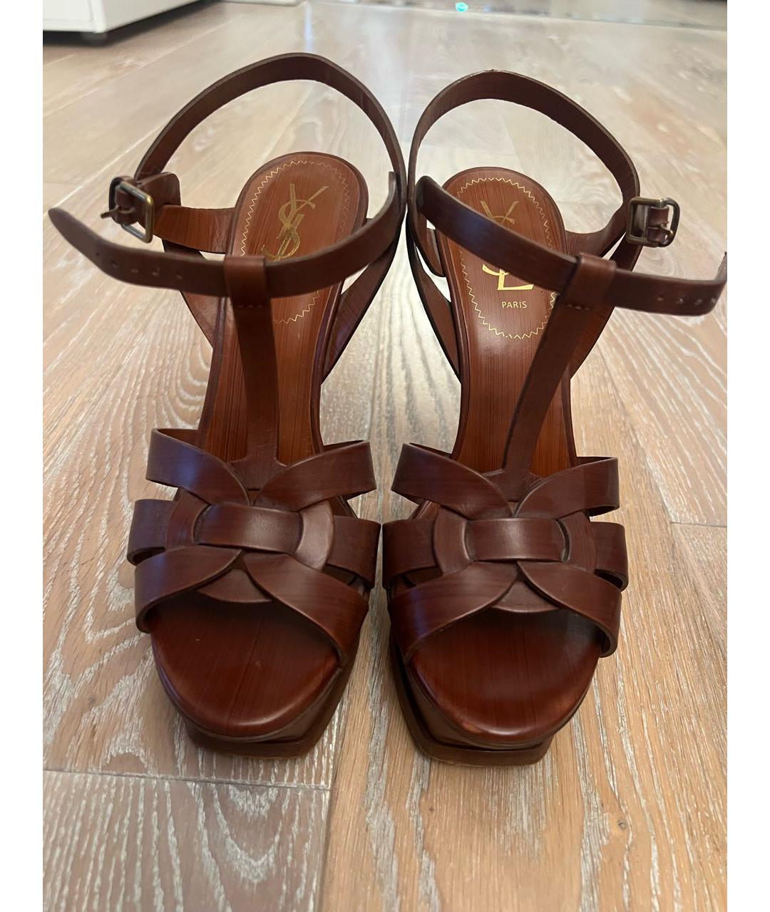 SAINT LAURENT Коричневые кожаные босоножки, фото 2