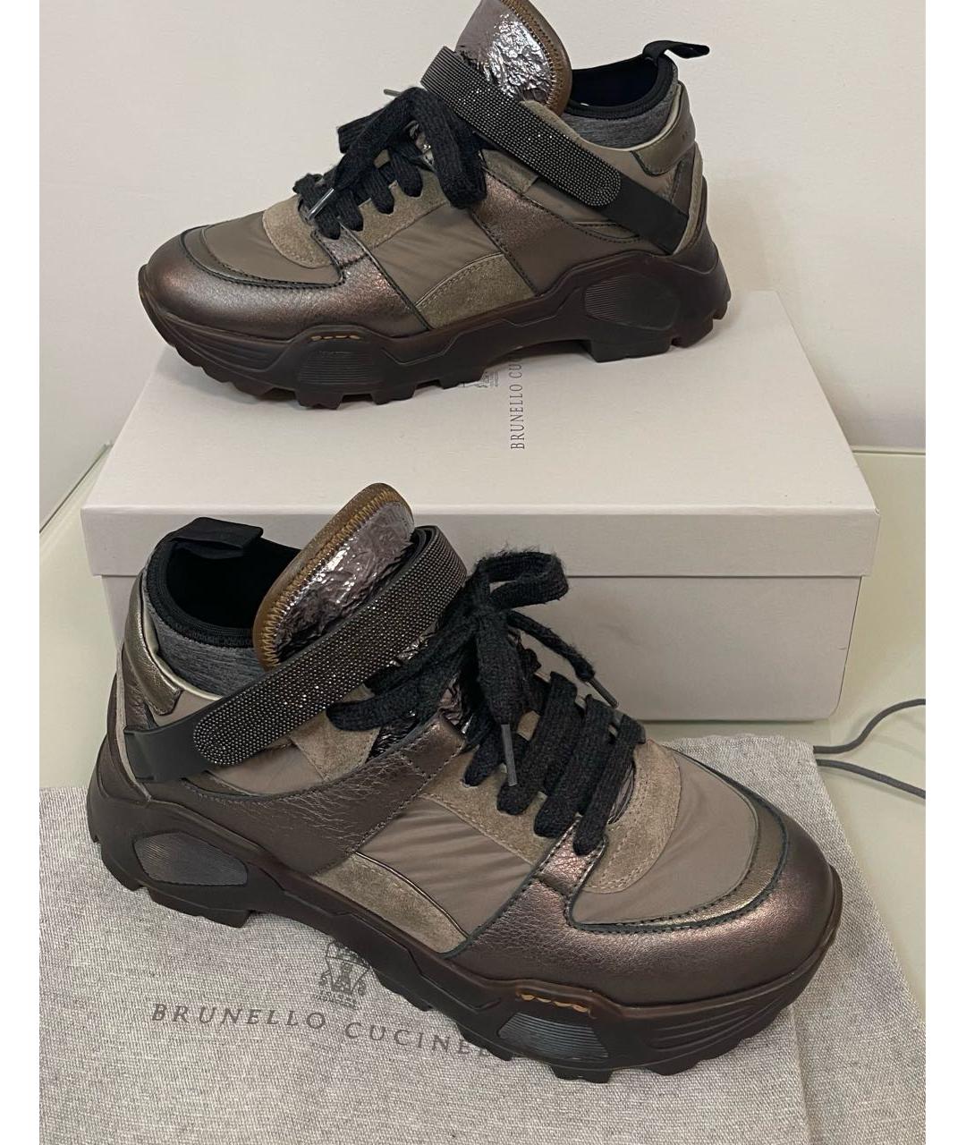 BRUNELLO CUCINELLI Хаки кожаные кроссовки, фото 5