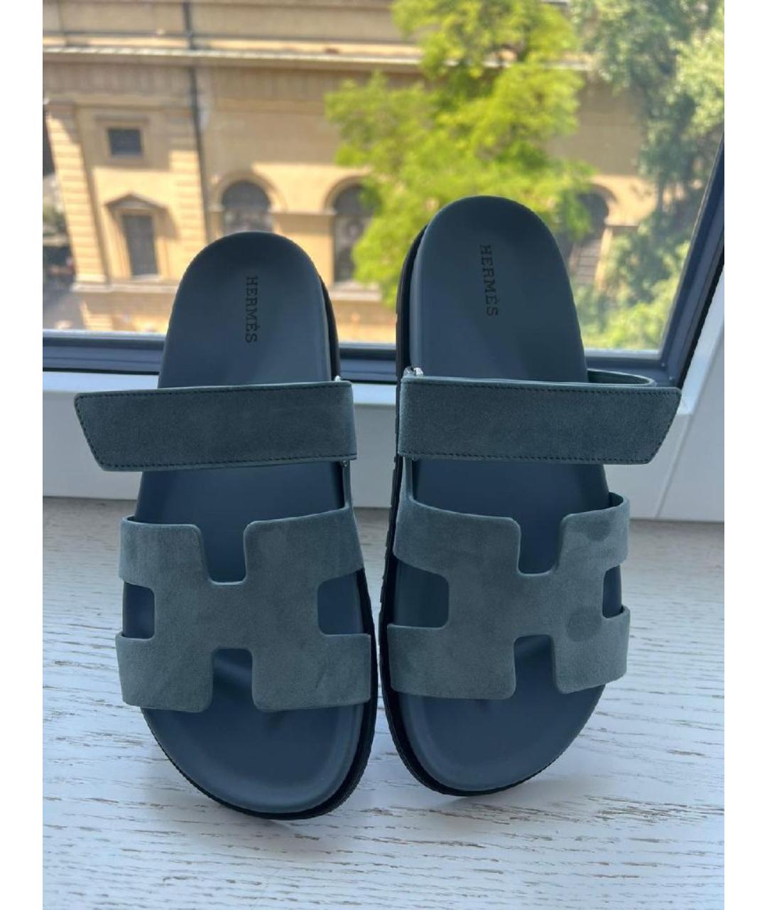 HERMES Голубые замшевые шлепанцы, фото 4
