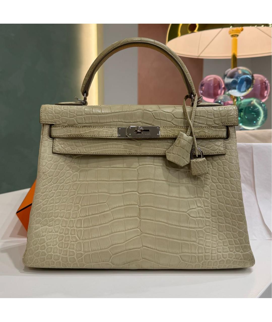 HERMES Бежевая сумка с короткими ручками из экзотической кожи, фото 9