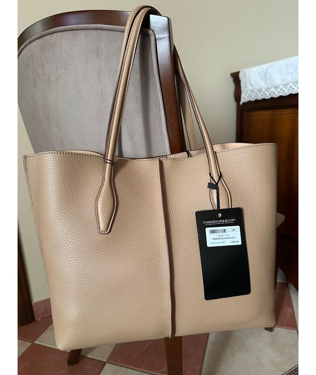 TOD'S Бежевая кожаная сумка тоут, фото 7