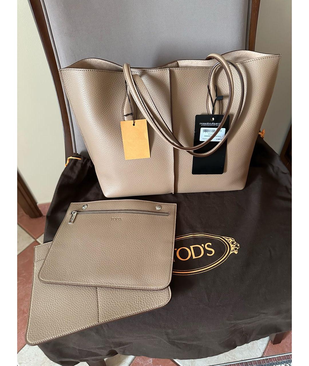 TOD'S Бежевая кожаная сумка тоут, фото 5