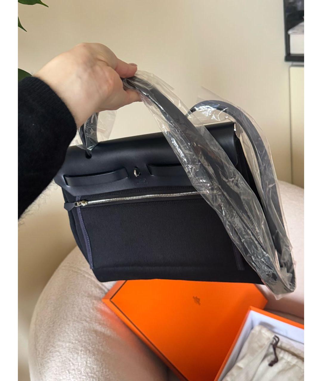 HERMES Темно-синяя тканевая сумка с короткими ручками, фото 3