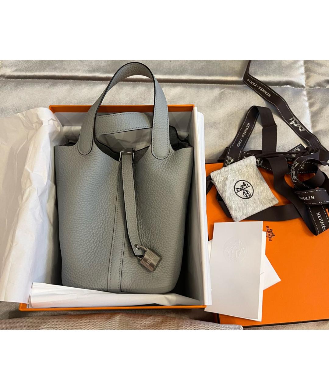 HERMES Серая кожаная сумка с короткими ручками, фото 5
