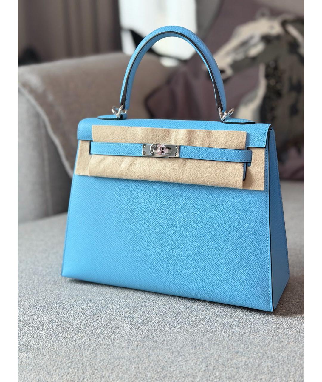 HERMES Голубая кожаная сумка с короткими ручками, фото 3