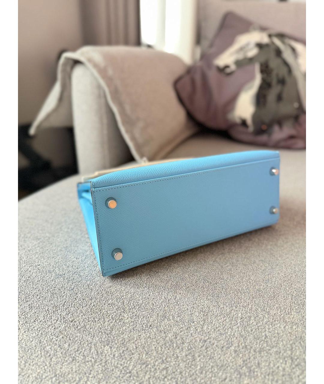 HERMES Голубая кожаная сумка с короткими ручками, фото 5