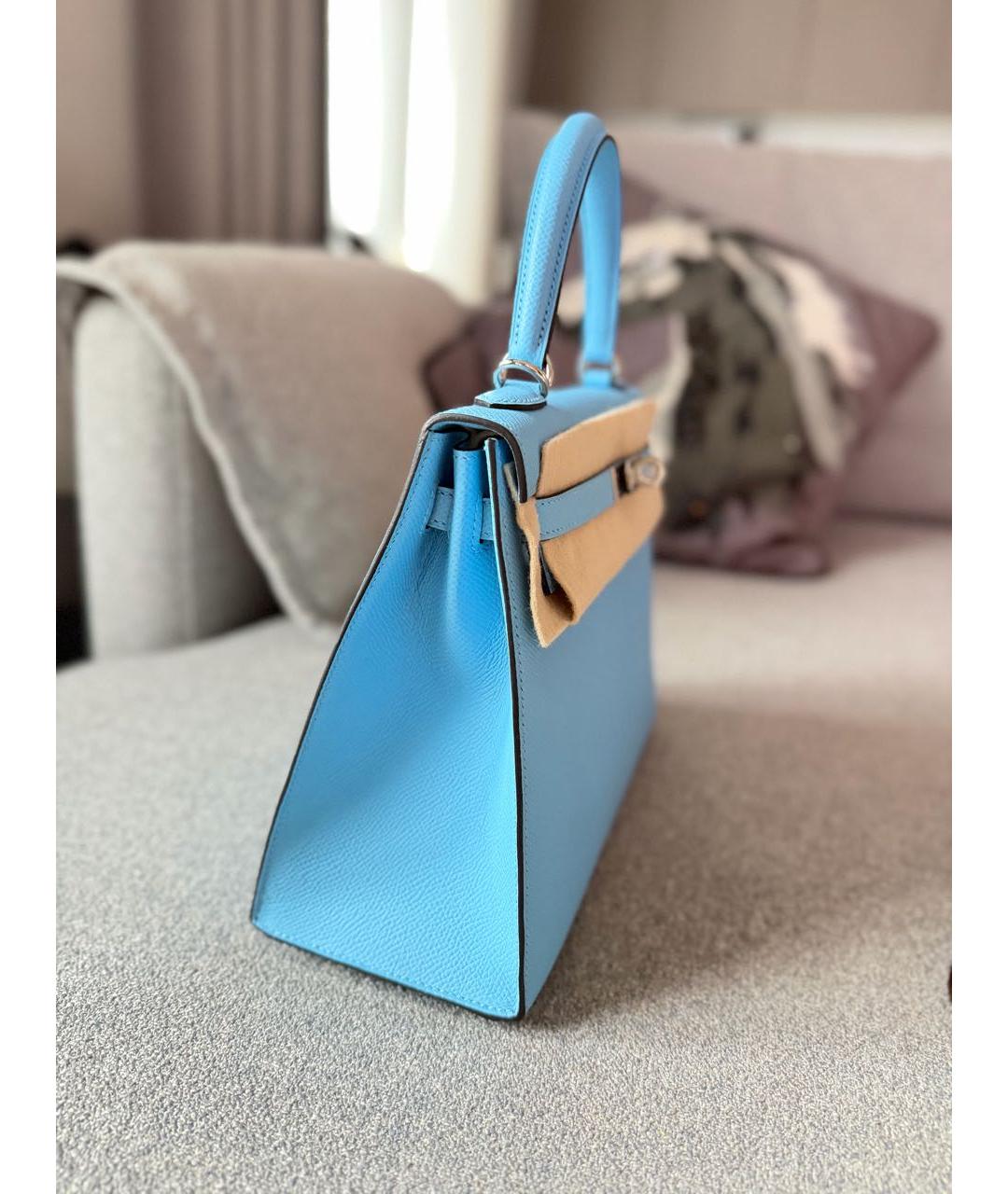 HERMES Голубая кожаная сумка с короткими ручками, фото 4