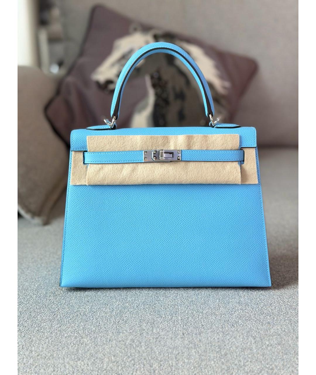 HERMES Голубая кожаная сумка с короткими ручками, фото 7