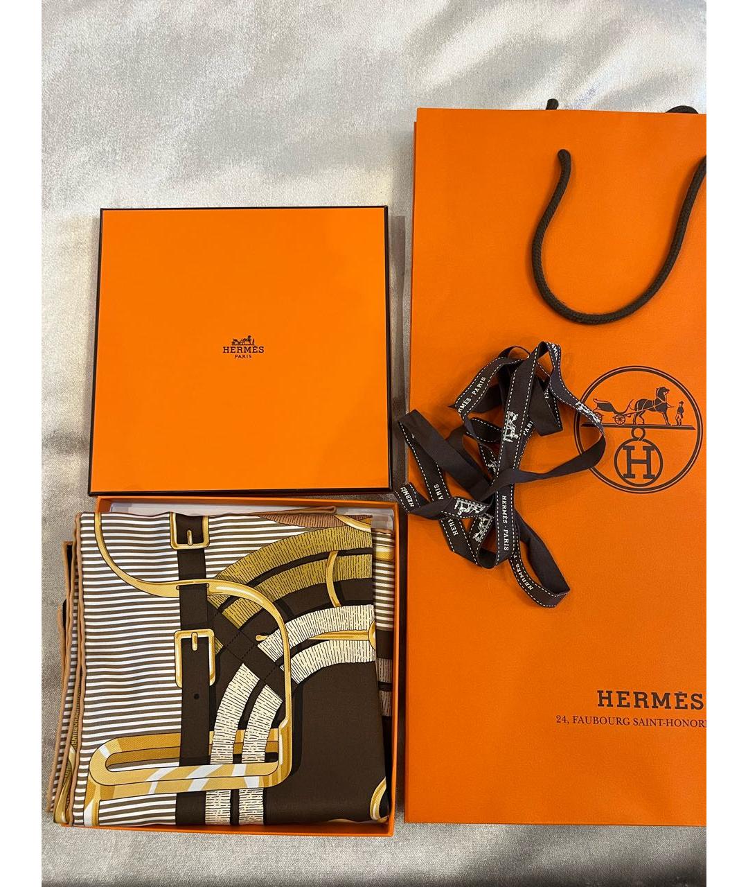 HERMES Коричневый шелковый платок, фото 7