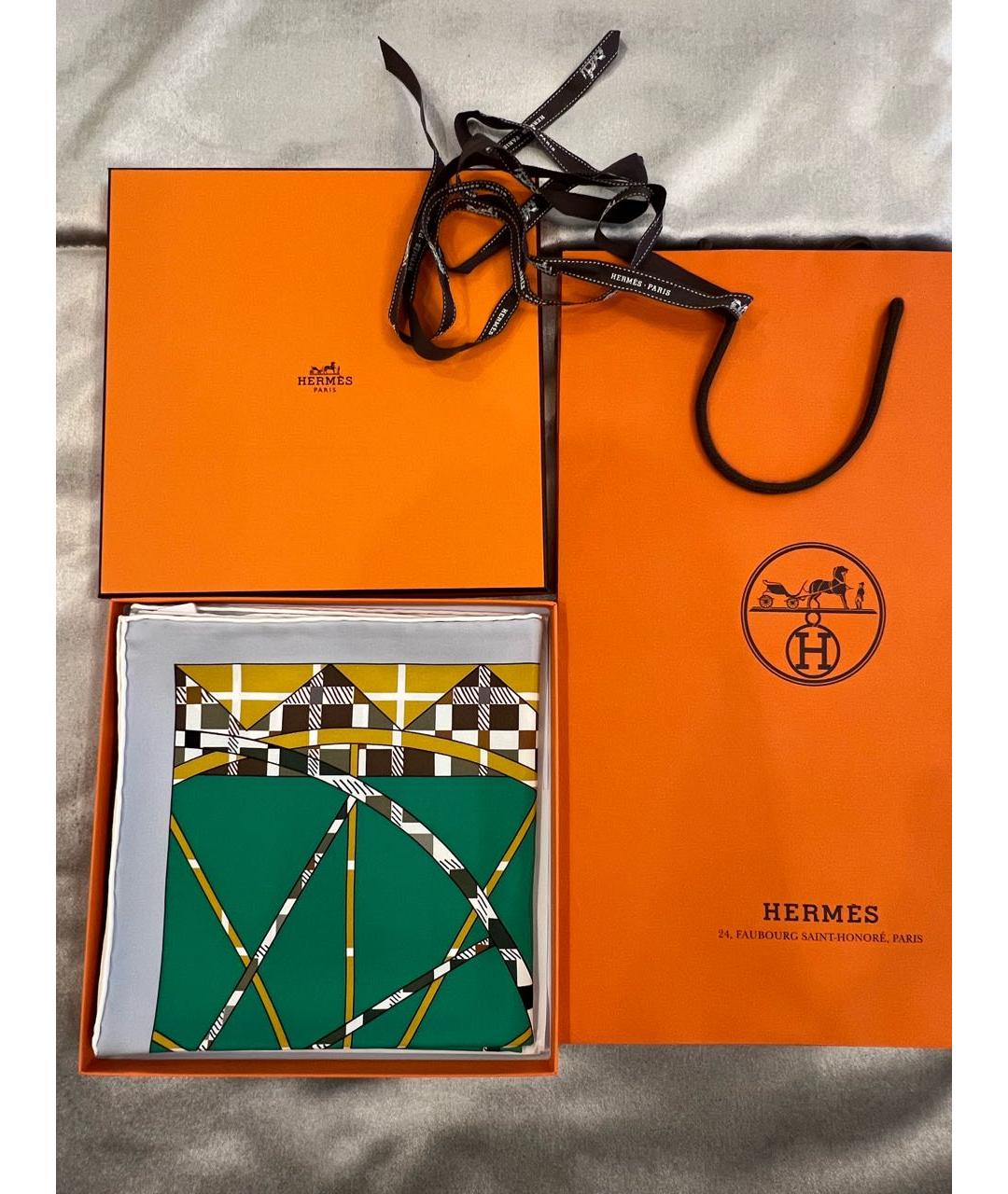 HERMES Зеленый шелковый платок, фото 3