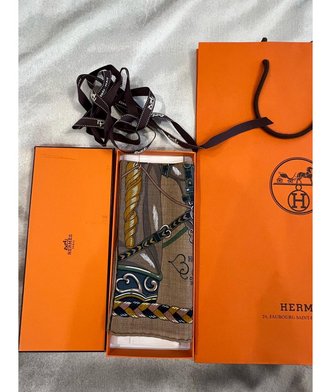 HERMES Коричневый кашемировый платок, фото 3