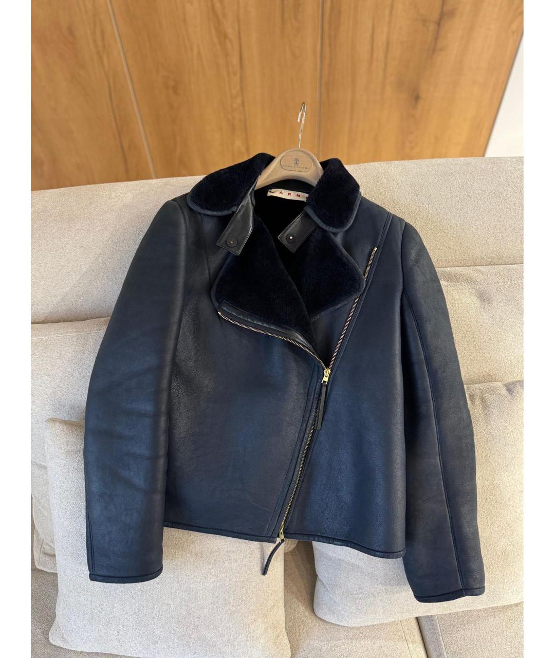 MARNI Темно-синяя кожаная дубленка, фото 3