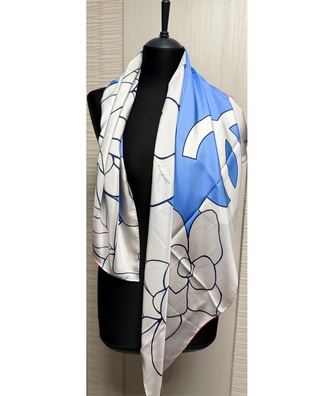 CHANEL Голубой шелковый платок, фото 8