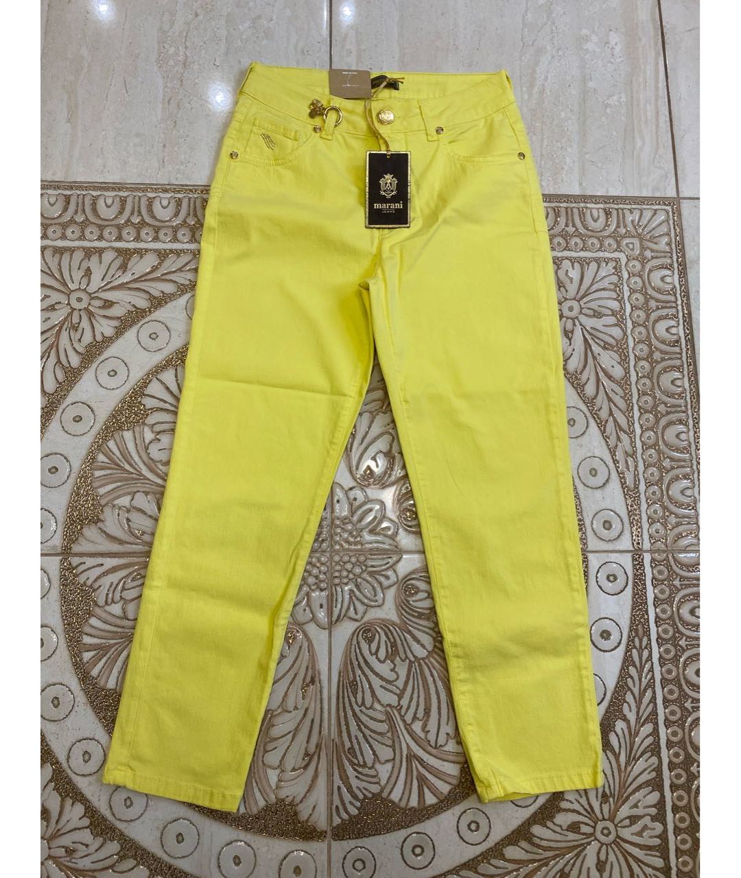 ANGELO MARANI Желтые хлопко-эластановые прямые брюки, фото 5