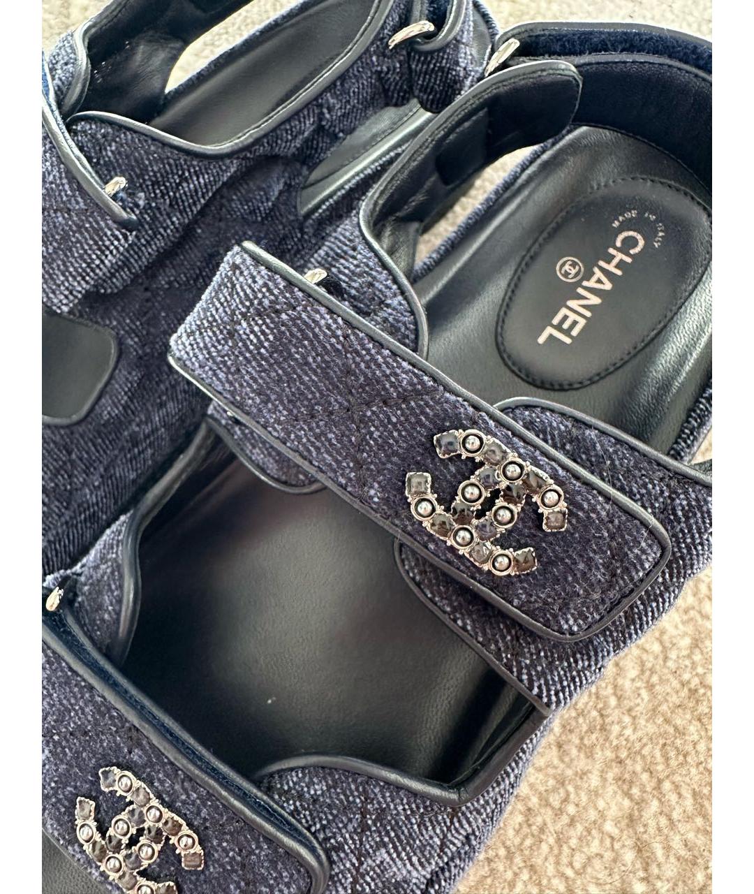 CHANEL Темно-синие текстильные сандалии, фото 6