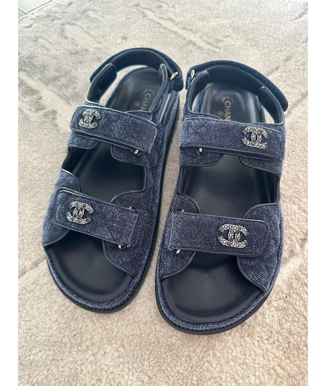 CHANEL Темно-синие текстильные сандалии, фото 8