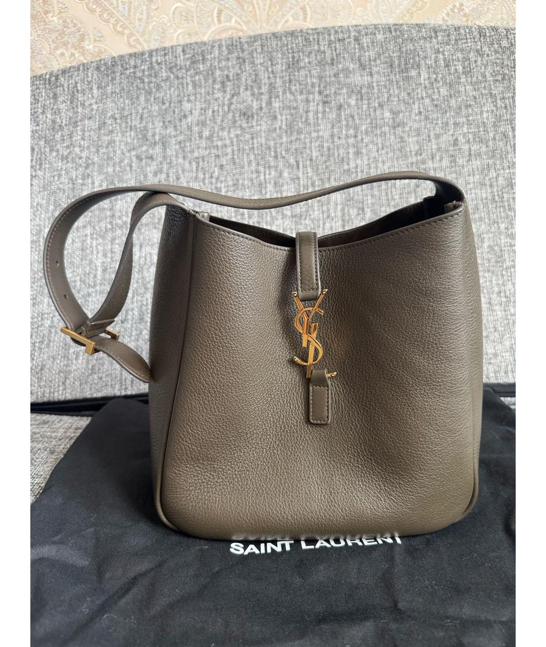 SAINT LAURENT Хаки кожаная сумка с короткими ручками, фото 6