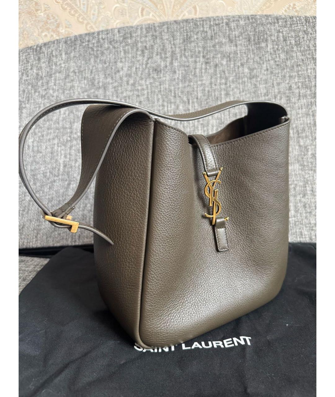 SAINT LAURENT Хаки кожаная сумка с короткими ручками, фото 3