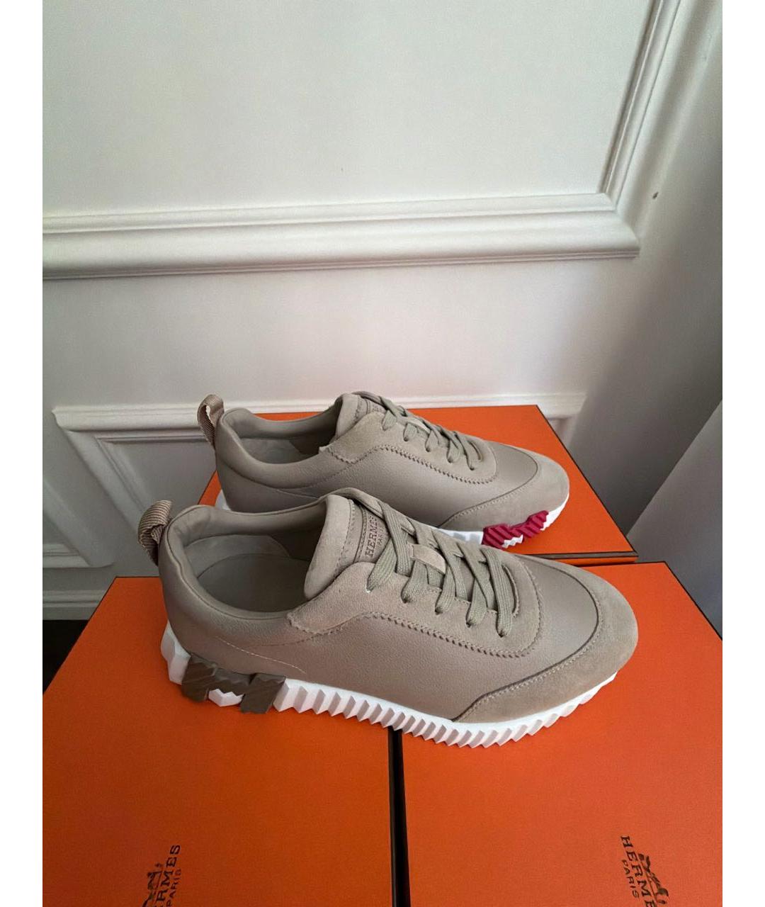 HERMES Бежевые кожаные кроссовки, фото 6