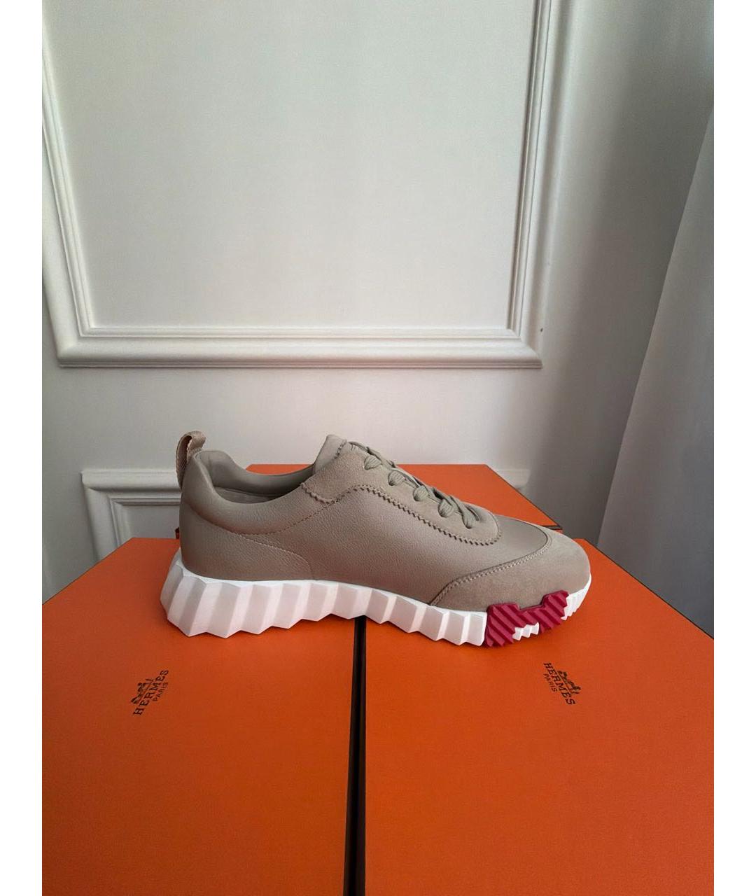 HERMES Бежевые кожаные кроссовки, фото 9