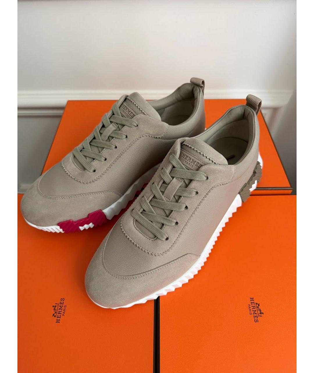 HERMES Бежевые кожаные кроссовки, фото 8