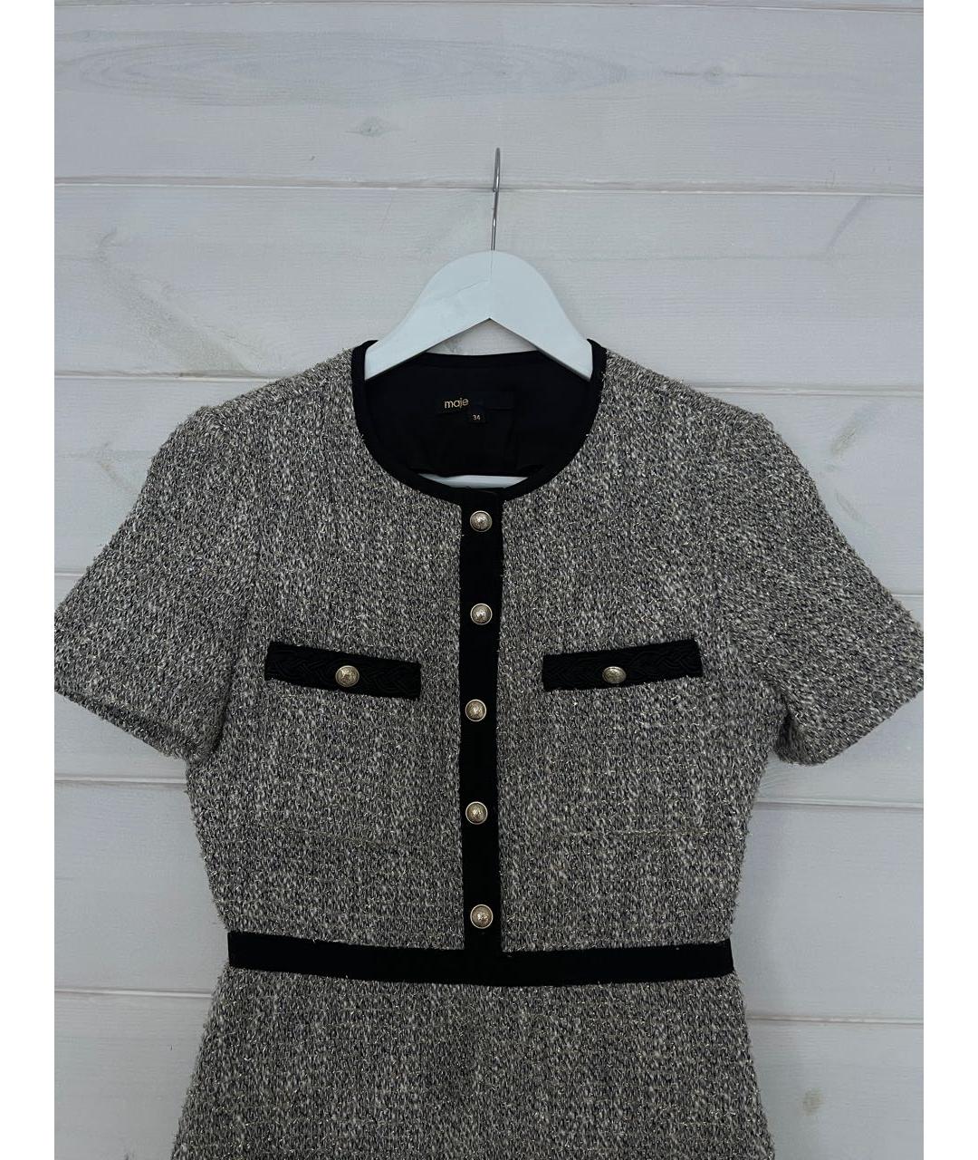 MAJE Серебряное твидовое коктейльное платье, фото 4