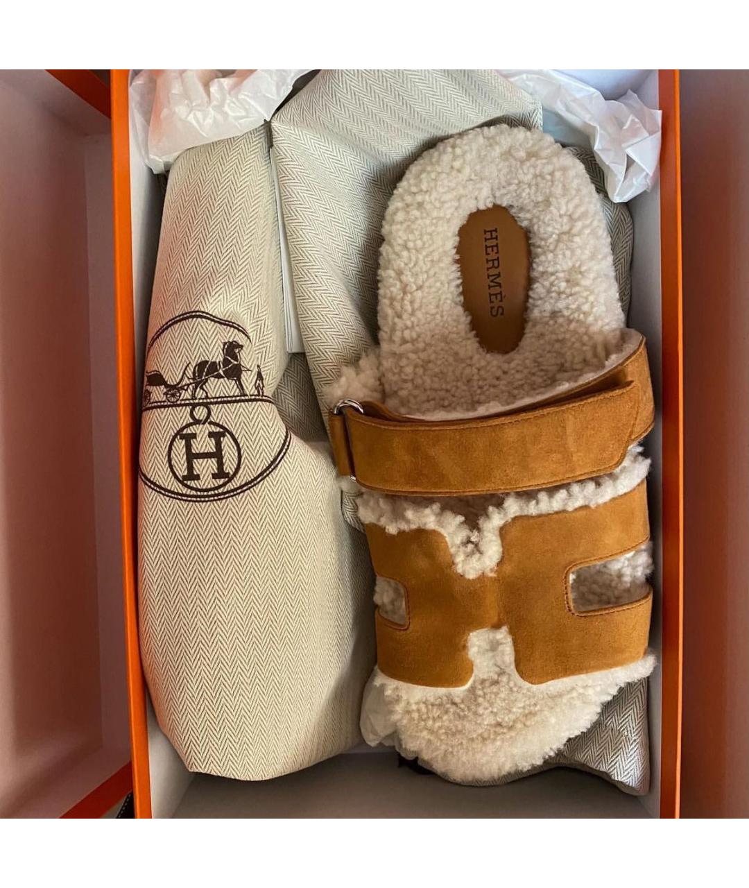 HERMES Коричневые замшевые шлепанцы, фото 3