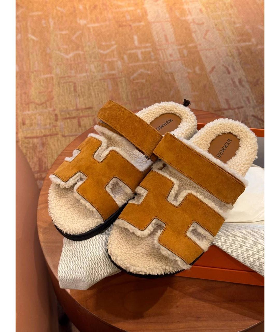 HERMES Коричневые замшевые шлепанцы, фото 5