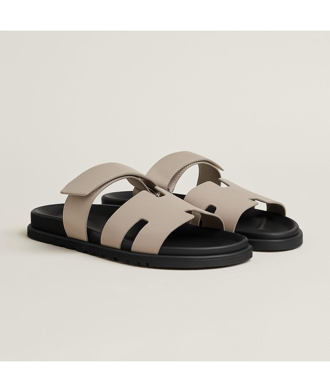 HERMES Бежевые кожаные шлепанцы, фото 3