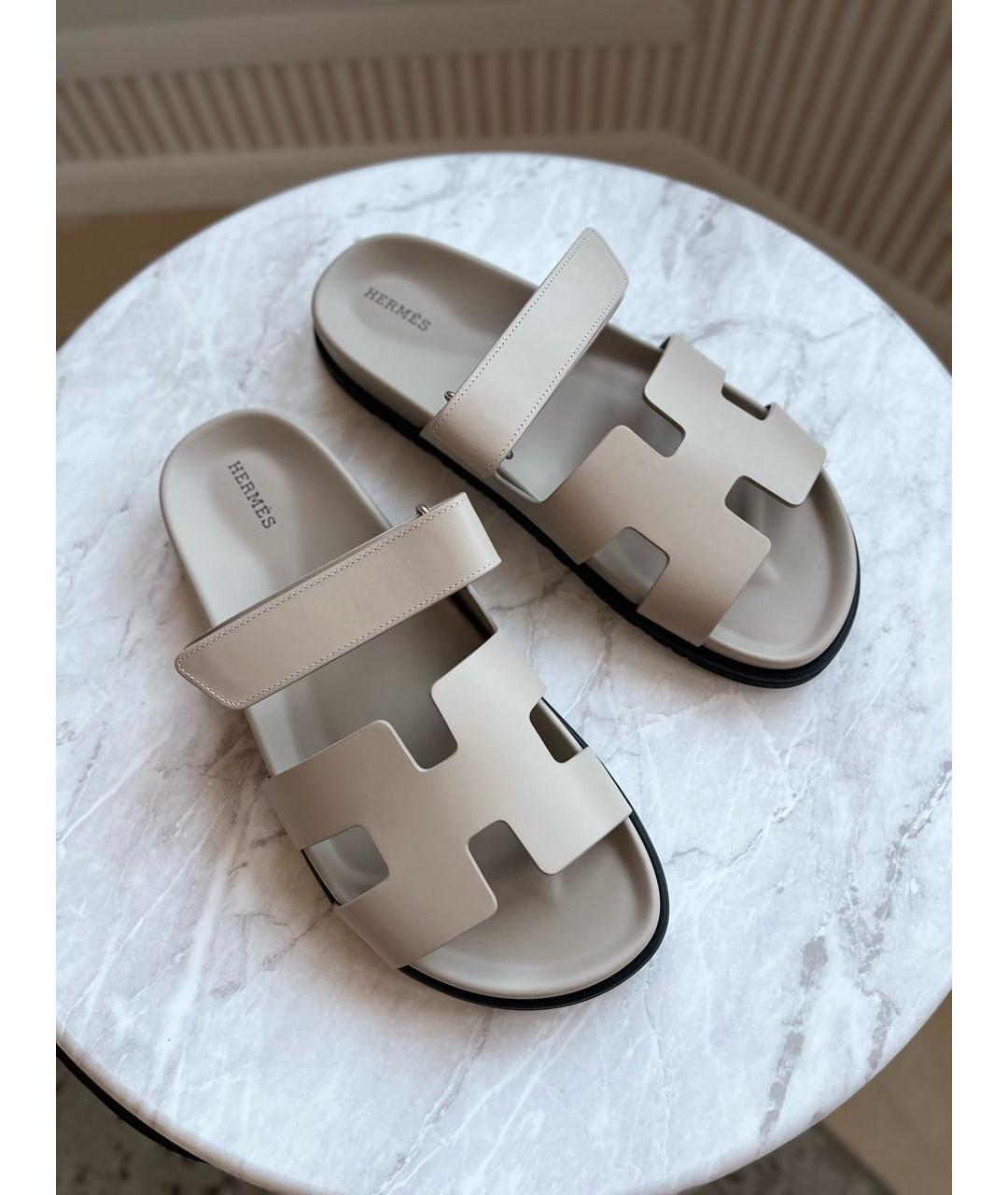 HERMES Бежевые кожаные шлепанцы, фото 2