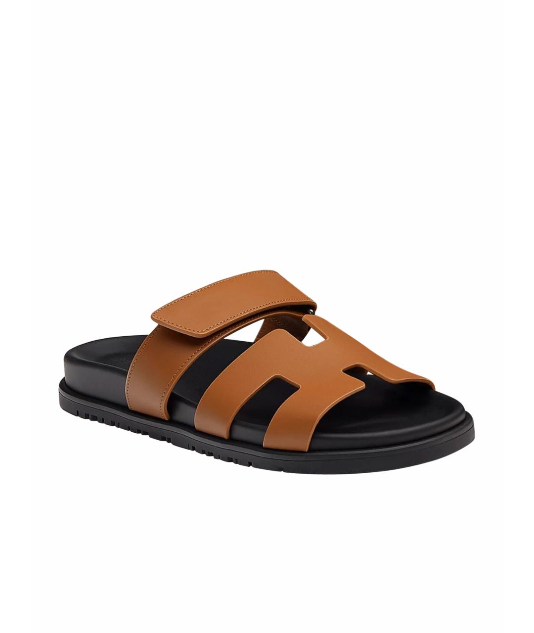 HERMES Коричневые кожаные шлепанцы, фото 1