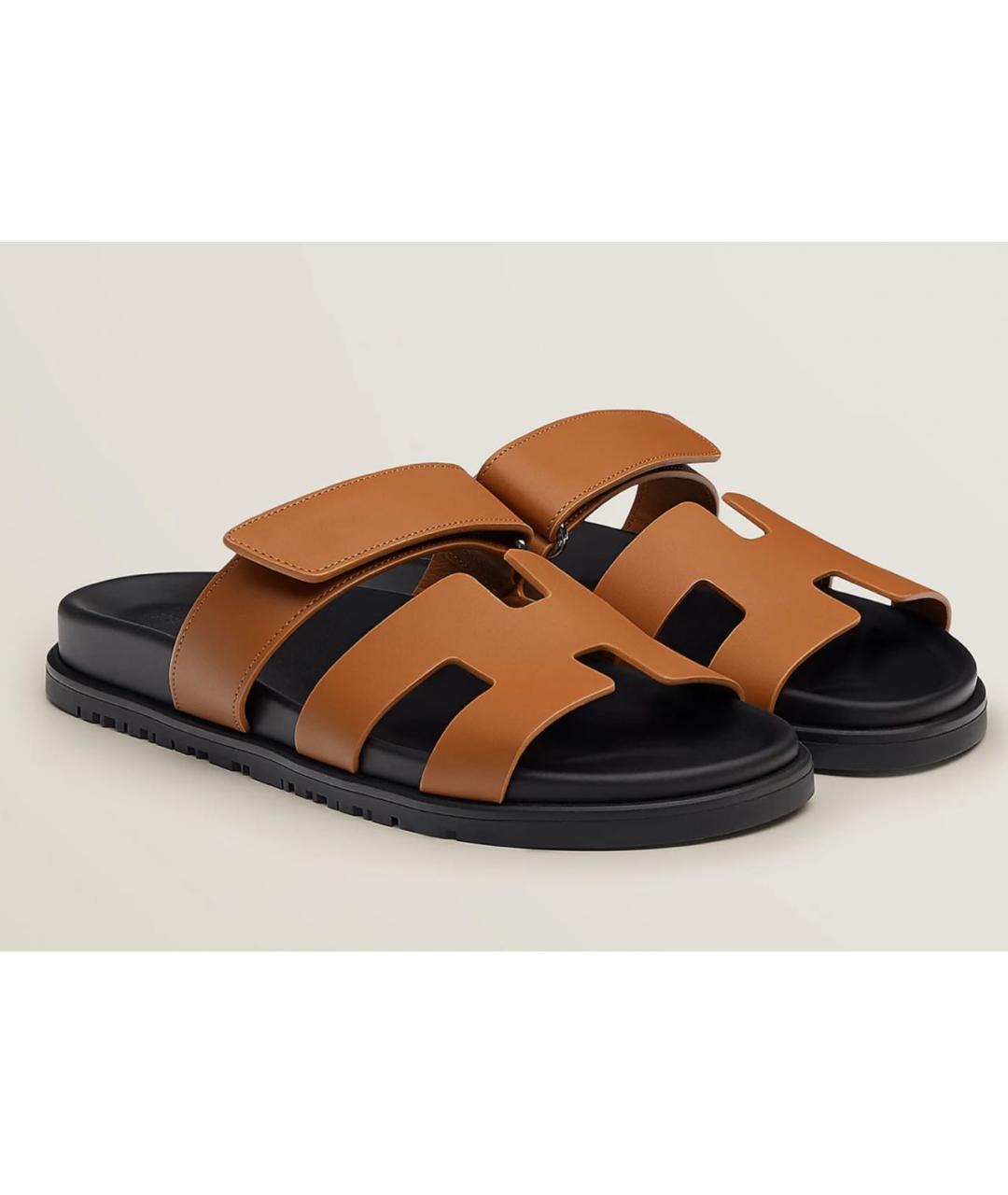 HERMES Коричневые кожаные шлепанцы, фото 3