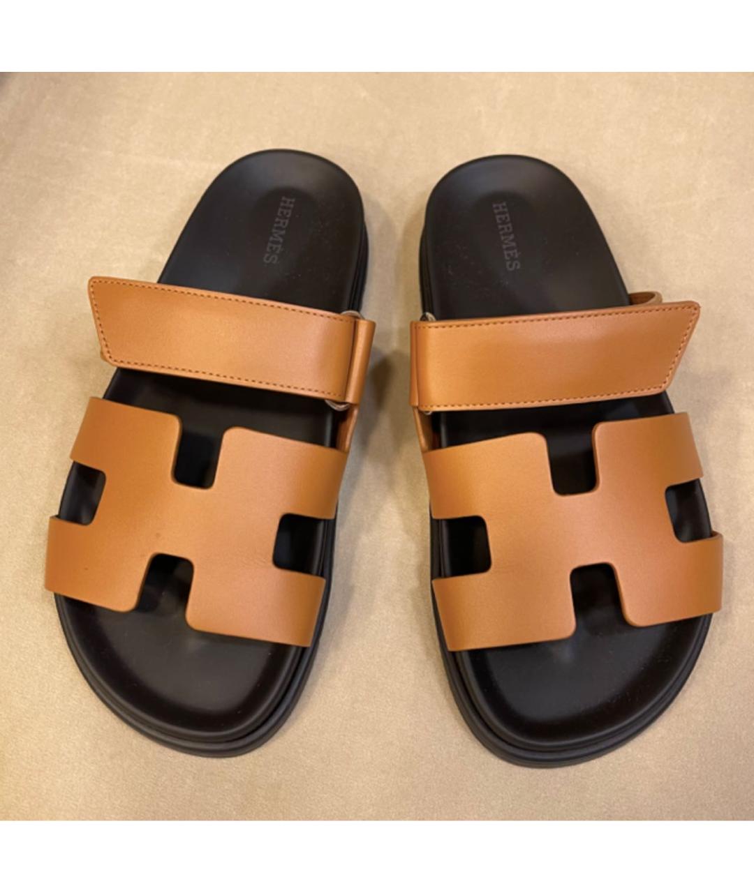 HERMES Коричневые кожаные шлепанцы, фото 2