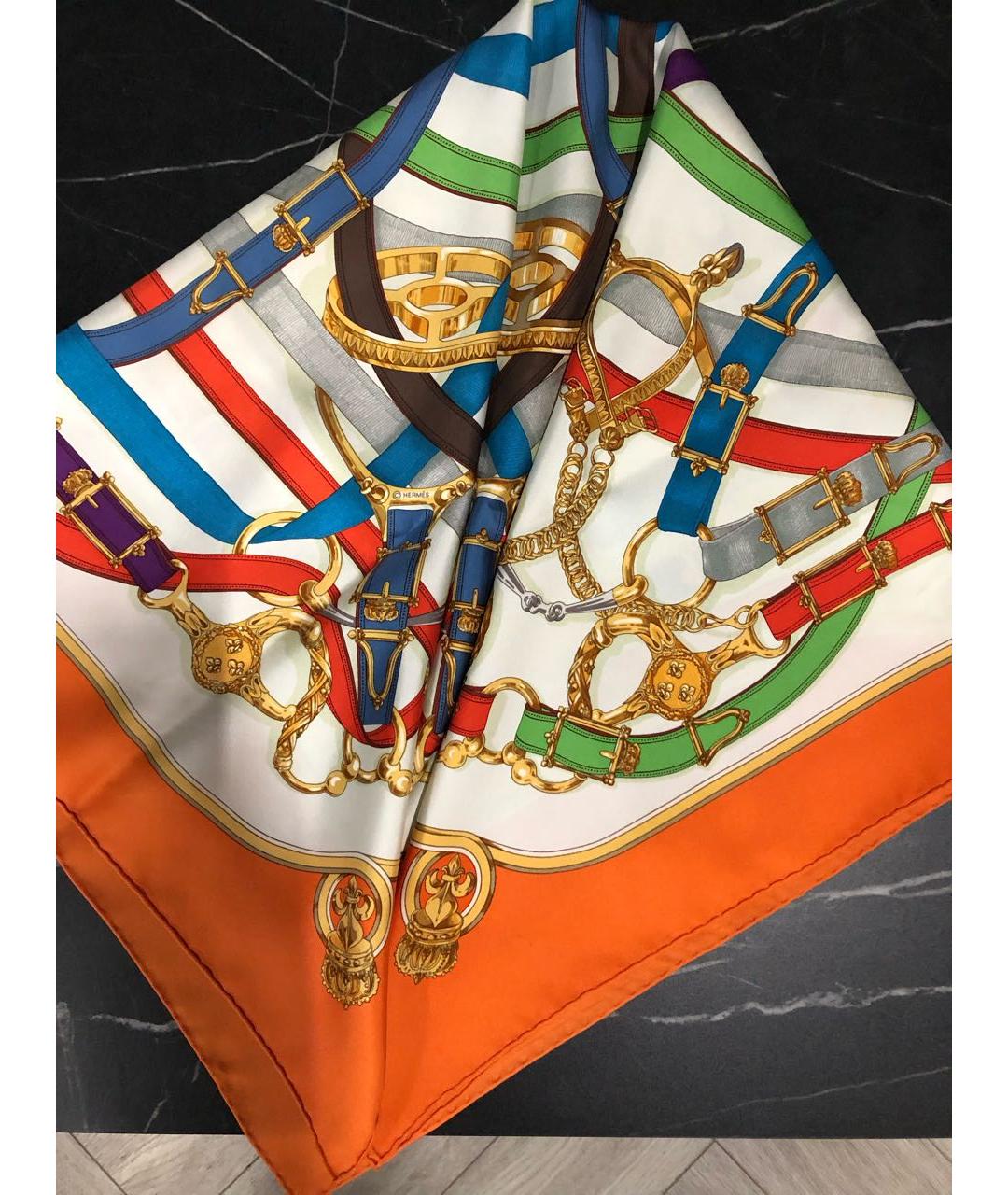 HERMES Оранжевый шелковый платок, фото 5