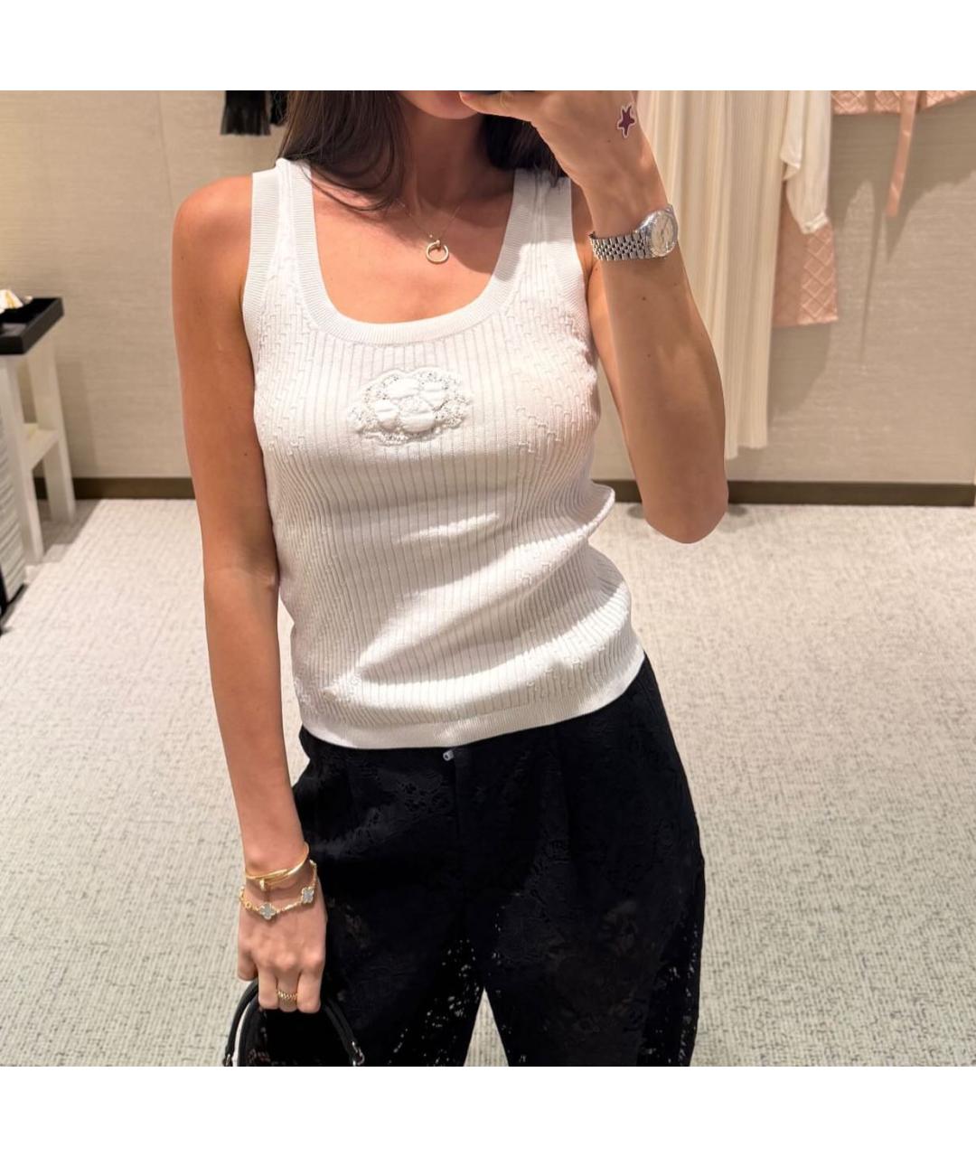 CHANEL Белая хлопко-эластановая майка, фото 5