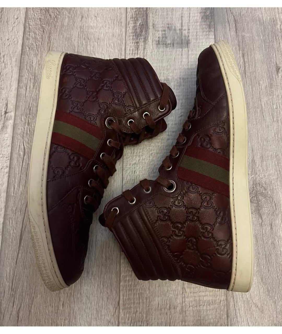 GUCCI Бордовые кожаные высокие кроссовки / кеды, фото 4