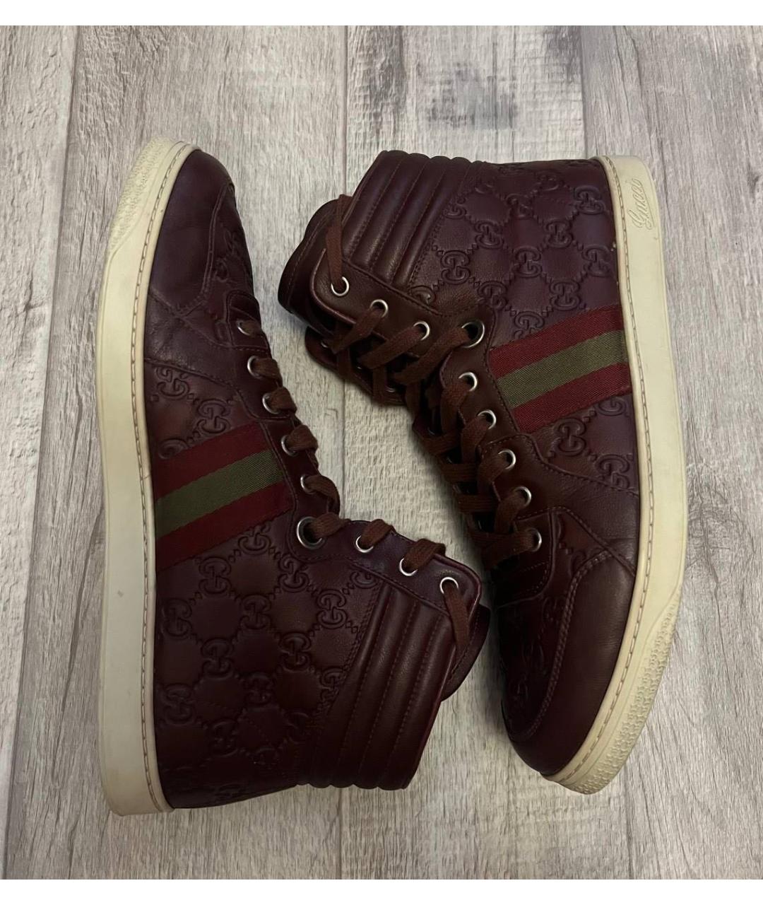 GUCCI Бордовые кожаные высокие кроссовки / кеды, фото 5
