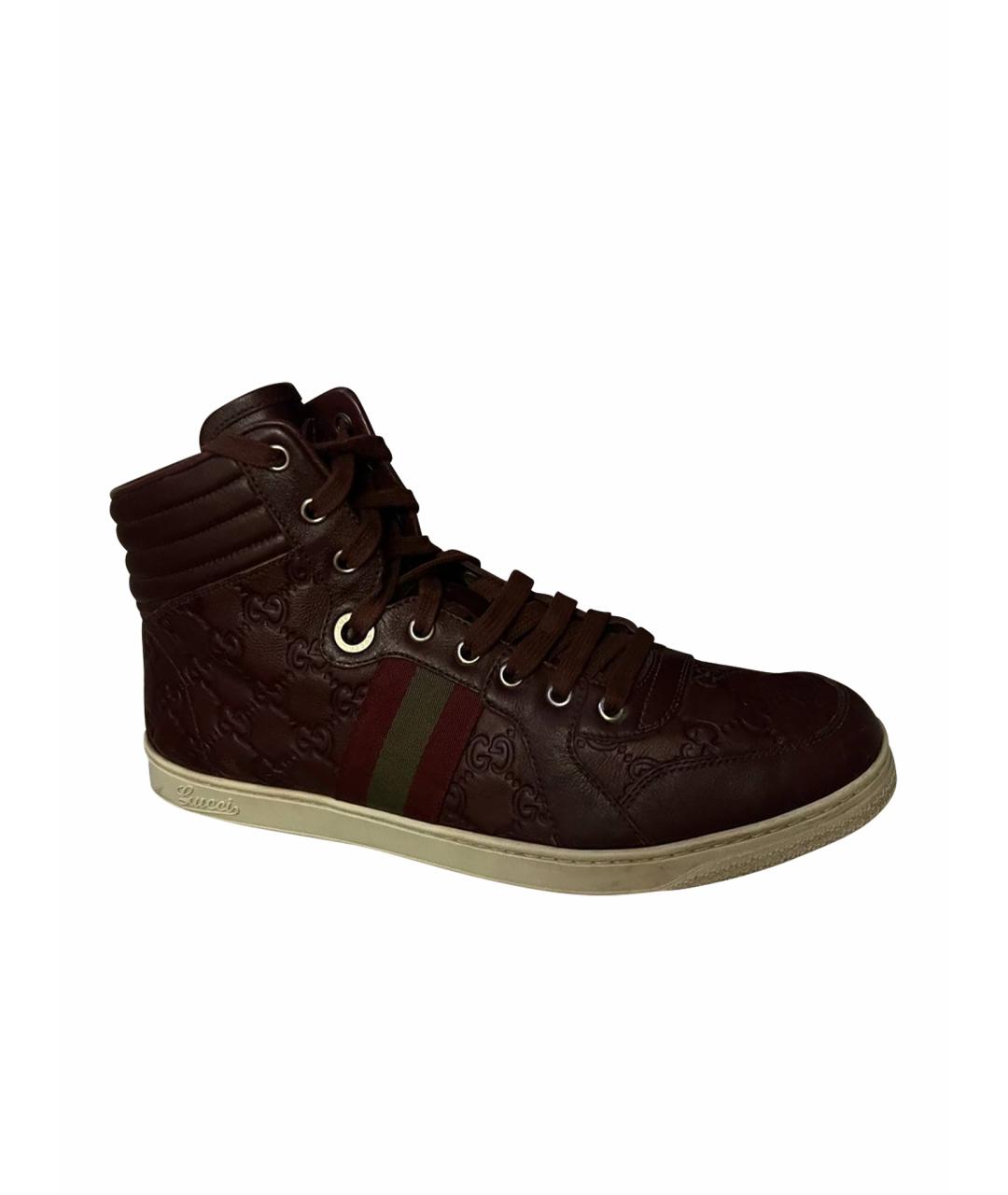 GUCCI Бордовые кожаные высокие кроссовки / кеды, фото 1