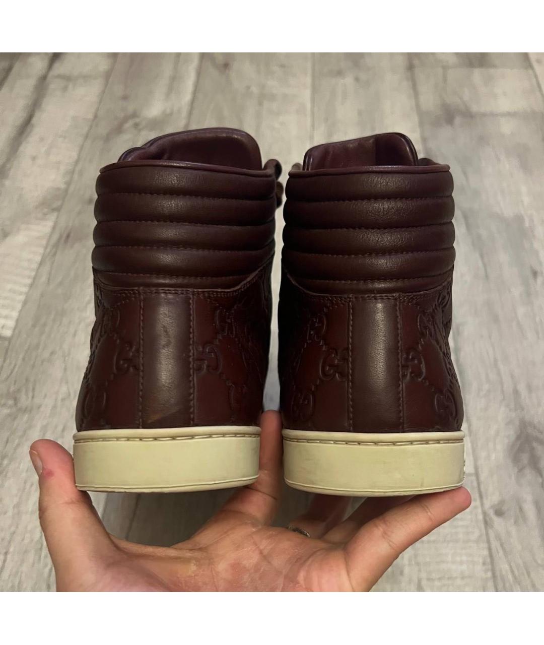 GUCCI Бордовые кожаные высокие кроссовки / кеды, фото 6