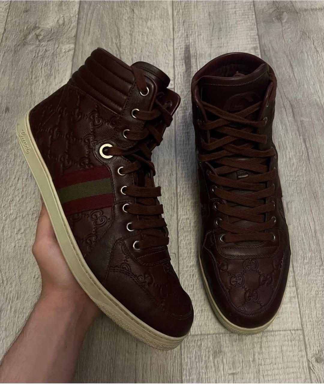GUCCI Бордовые кожаные высокие кроссовки / кеды, фото 2