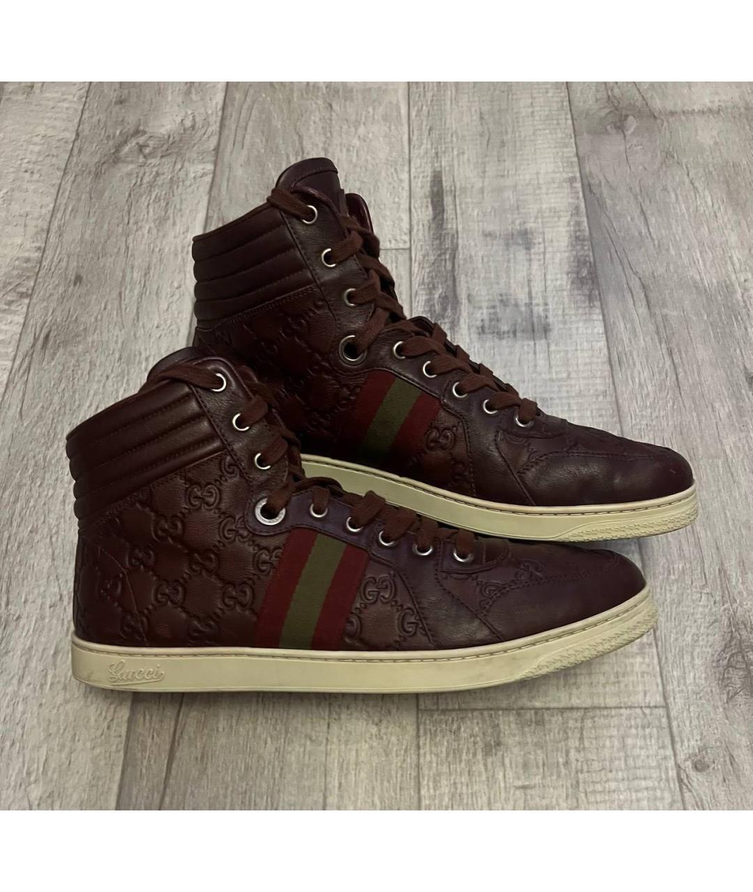 GUCCI Бордовые кожаные высокие кроссовки / кеды, фото 9