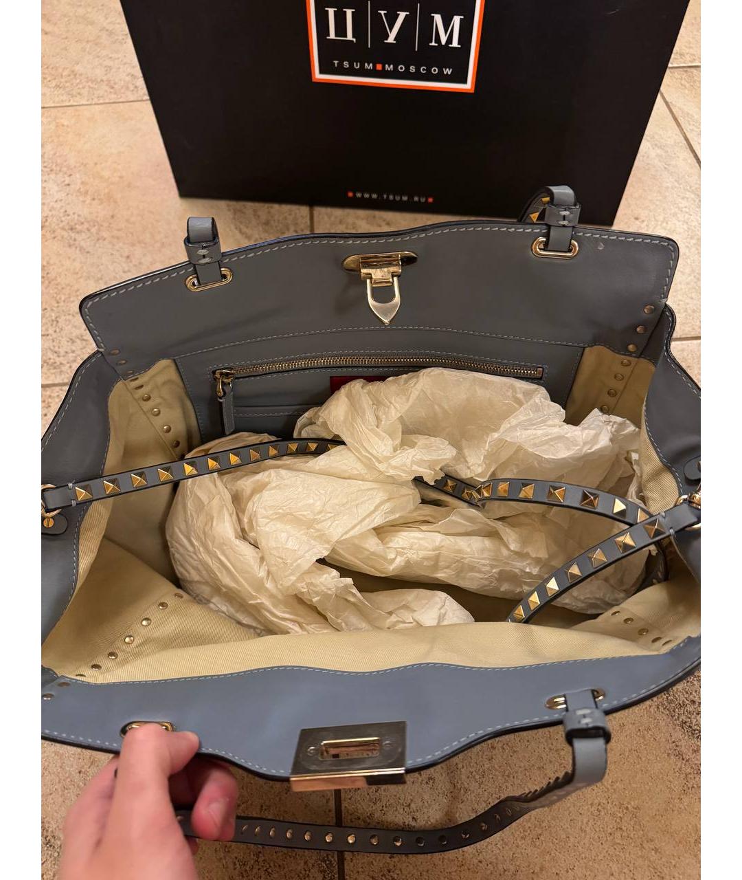 VALENTINO Голубая кожаная сумка с короткими ручками, фото 3