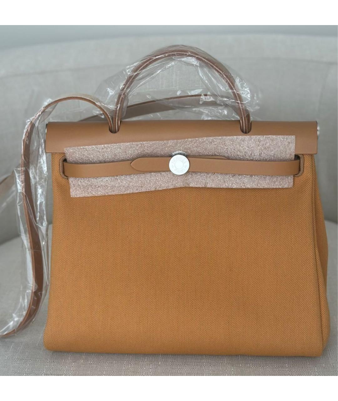 HERMES Коричневая тканевая сумка с короткими ручками, фото 3