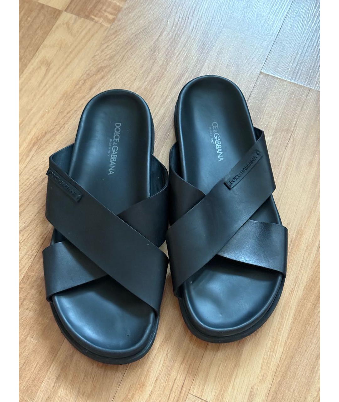 DOLCE&GABBANA Черные кожаные шлепанцы, фото 3